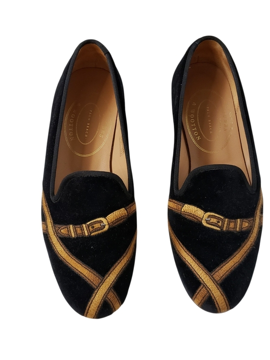 stobbs & Wootton Shoes - Stubbs & Wotton Black Velvet Embroidered Loafers with Gold Trim - Women Size 7.5